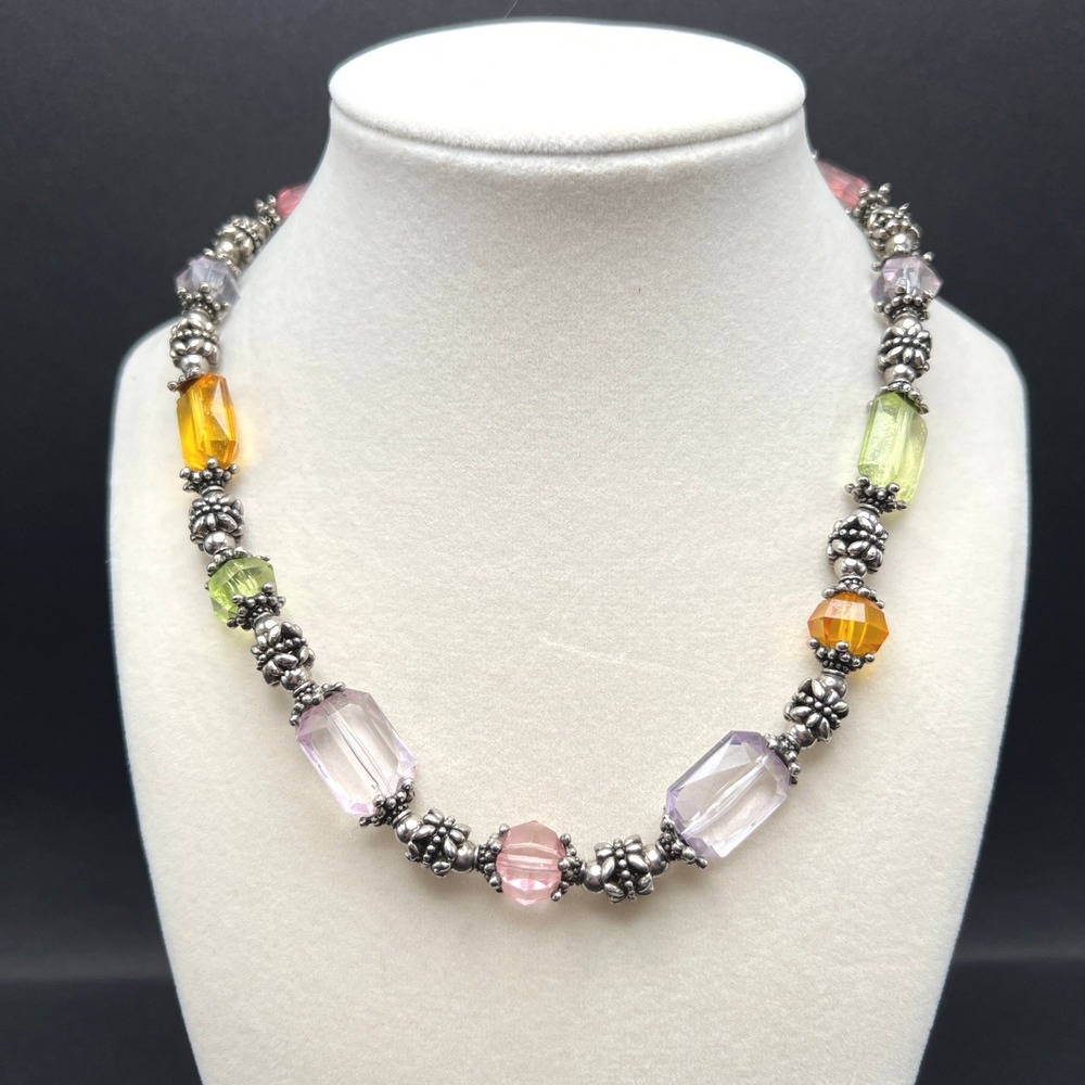 Vintage Beaded Necklace Silver Tone Multicolor Faceted Geometric Floral Ornate